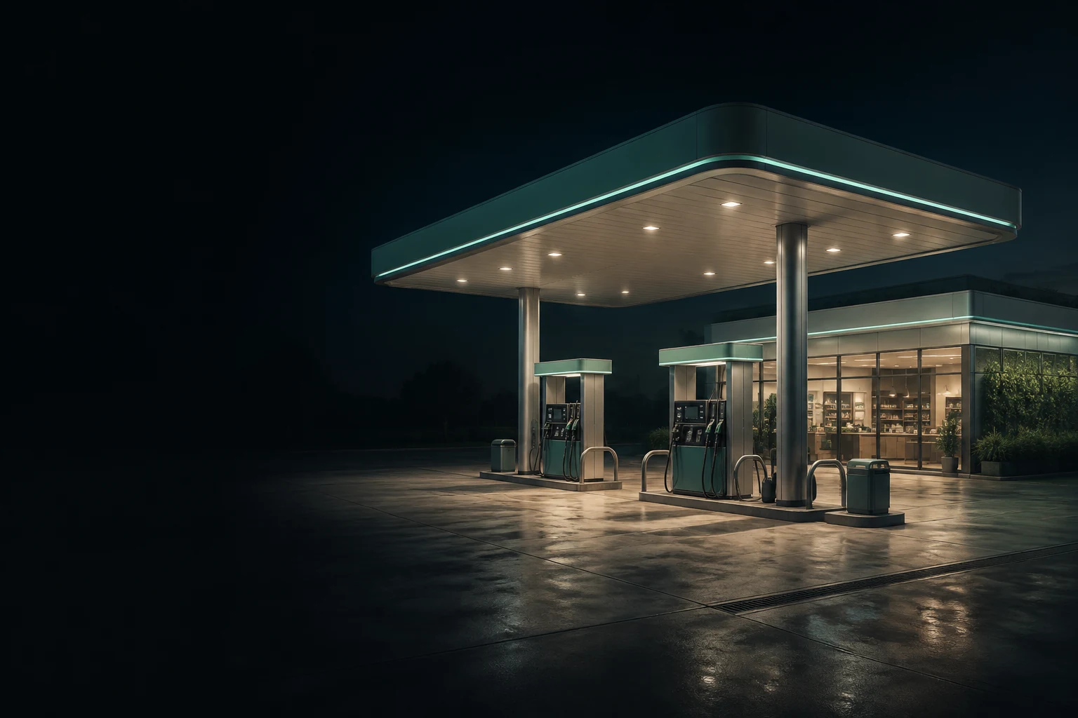Ilustración de una estación de combustible moderna iluminada de noche