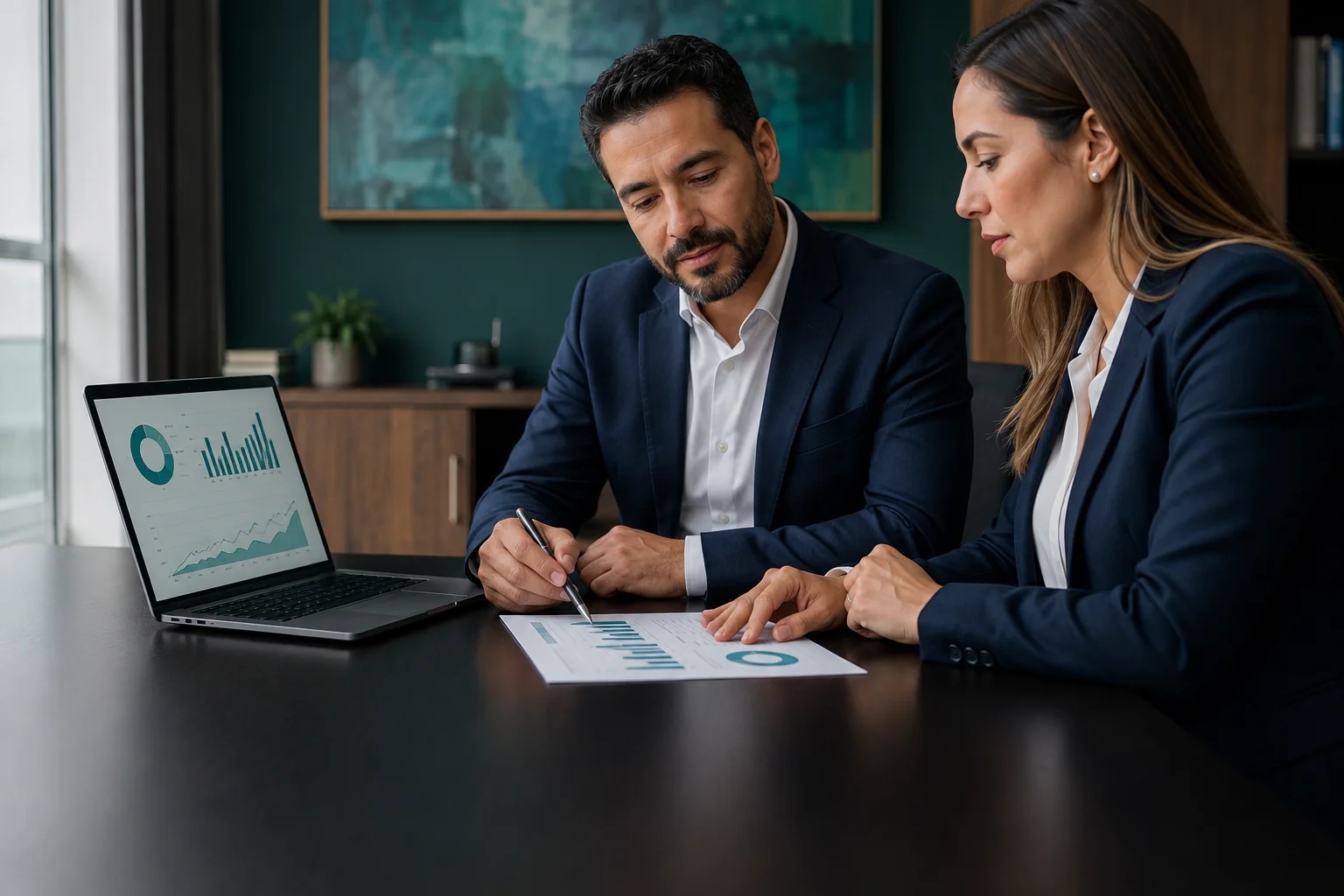 Imagen ilustrativa de dos profesionales revisando reportes financieros en una oficina